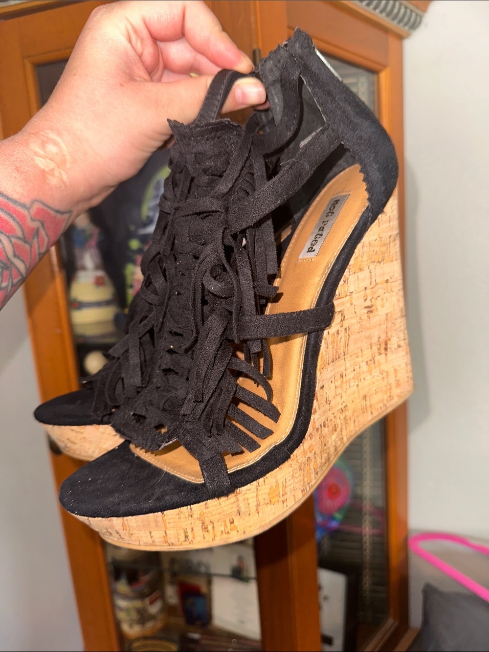 Not Rated Black Suede Fringe Cork Wedge Sandals